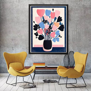 pastel floral vase Canvas Print, minimalist flower illustration canvas, modern scandinavian floral artwork, pink blue flower wall decor