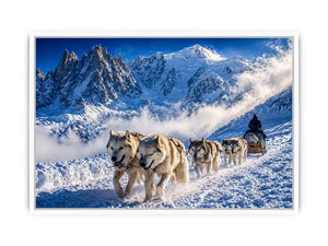 husky sled snow mountain Canvas Print, winter dog sled landscape canvas, arctic adventure Canvas Print, snowy mountain husky artwork