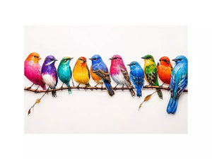 colorful birds on branch Canvas Print, modern bird illustration canvas, vibrant bird lineup artwork, playful multicolor bird painting
