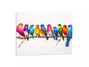 colorful birds on branch Canvas Print, modern bird illustration canvas, vibrant bird lineup artwork, playful multicolor bird painting