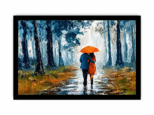 romantic rainy couple Canvas Print, impressionist love painting canvas, rainy forest couple artwork, romantic umbrella painting