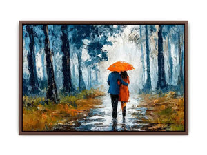 romantic rainy couple Canvas Print, impressionist love painting canvas, rainy forest couple artwork, romantic umbrella painting