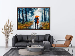romantic rainy couple Canvas Print, impressionist love painting canvas, rainy forest couple artwork, romantic umbrella painting