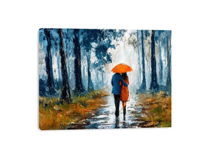 romantic rainy couple Canvas Print, impressionist love painting canvas, rainy forest couple artwork, romantic umbrella painting
