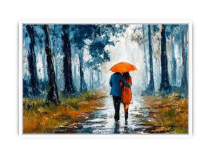 romantic rainy couple Canvas Print, impressionist love painting canvas, rainy forest couple artwork, romantic umbrella painting
