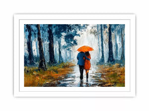 romantic rainy couple Canvas Print, impressionist love painting canvas, rainy forest couple artwork, romantic umbrella painting