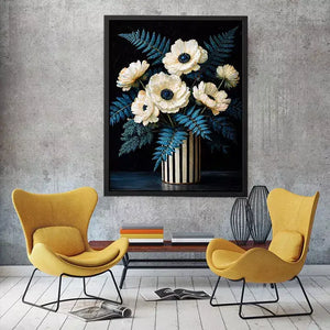 Dark floral still life with white flowers in vase and blue foliage on black background elegant painting