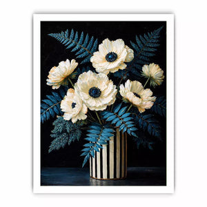 Dark floral still life with white flowers in vase and blue foliage on black background elegant painting