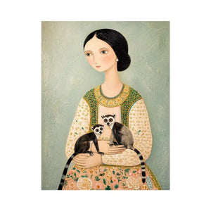 Whimsical portrait of woman holding two lemurs in soft pastel tones artistic illustration Canvas Print