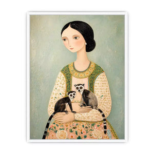 Whimsical portrait of woman holding two lemurs in soft pastel tones artistic illustration Canvas Print