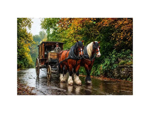 Impressionist countryside horse carriage on autumn road rustic landscape Canvas Print