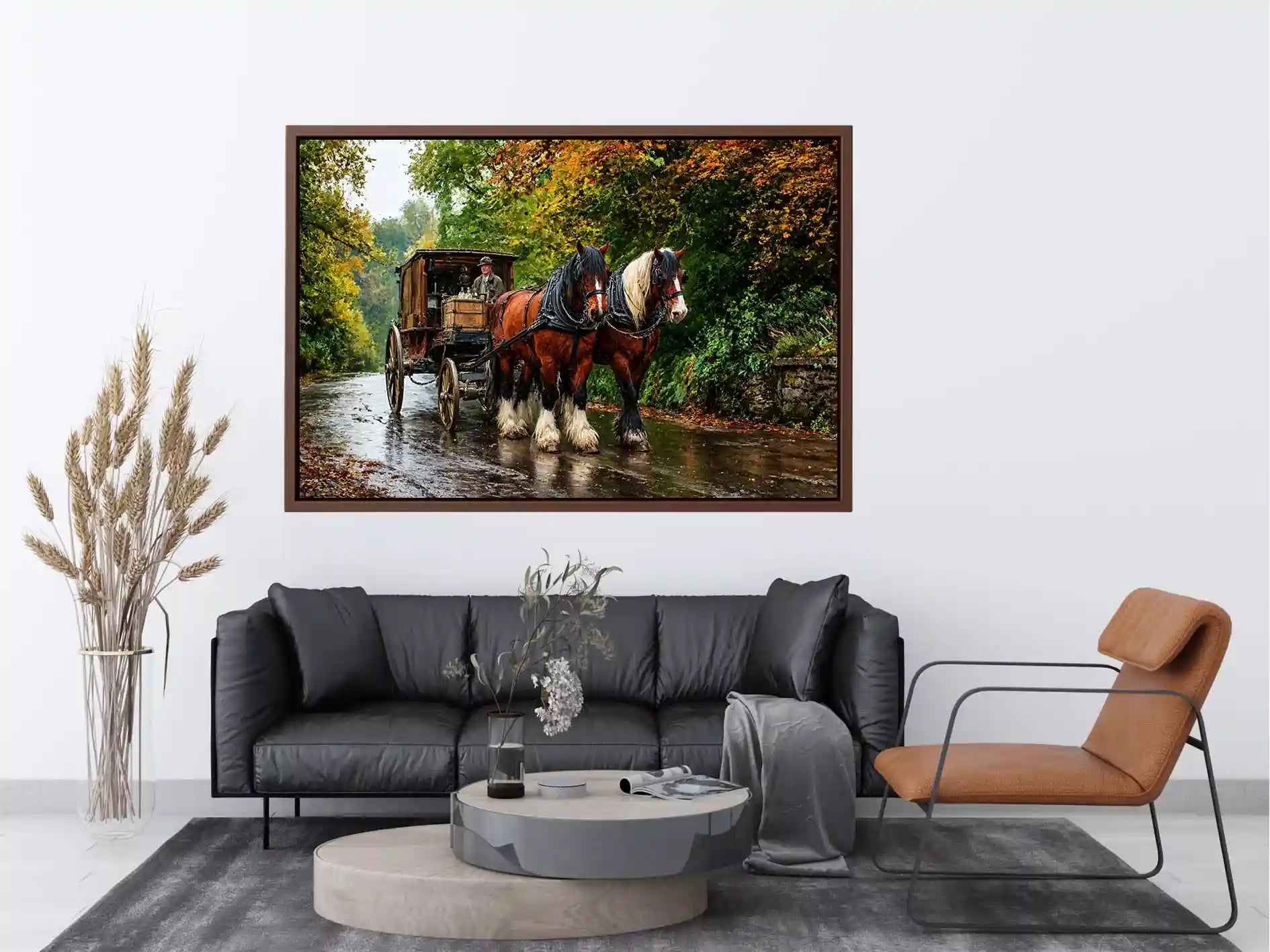 Impressionist countryside horse carriage on autumn road rustic landscape Canvas Print