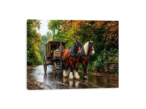 Impressionist countryside horse carriage on autumn road rustic landscape Canvas Print