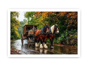 Impressionist countryside horse carriage on autumn road rustic landscape Canvas Print