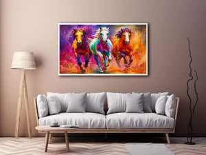 abstract colorful horses running painting, vibrant horse trio Canvas Print, modern abstract horse Canvas Print, colorful animal painting