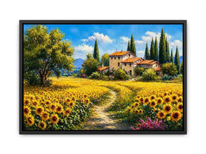 sunflower field villa painting, tuscan landscape Canvas Print, mediterranean countryside canvas, yellow flower field artwork