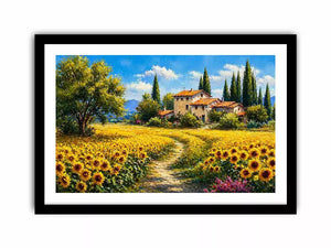 sunflower field villa painting, tuscan landscape Canvas Print, mediterranean countryside canvas, yellow flower field artwork