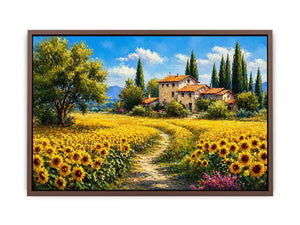 sunflower field villa painting, tuscan landscape Canvas Print, mediterranean countryside canvas, yellow flower field artwork