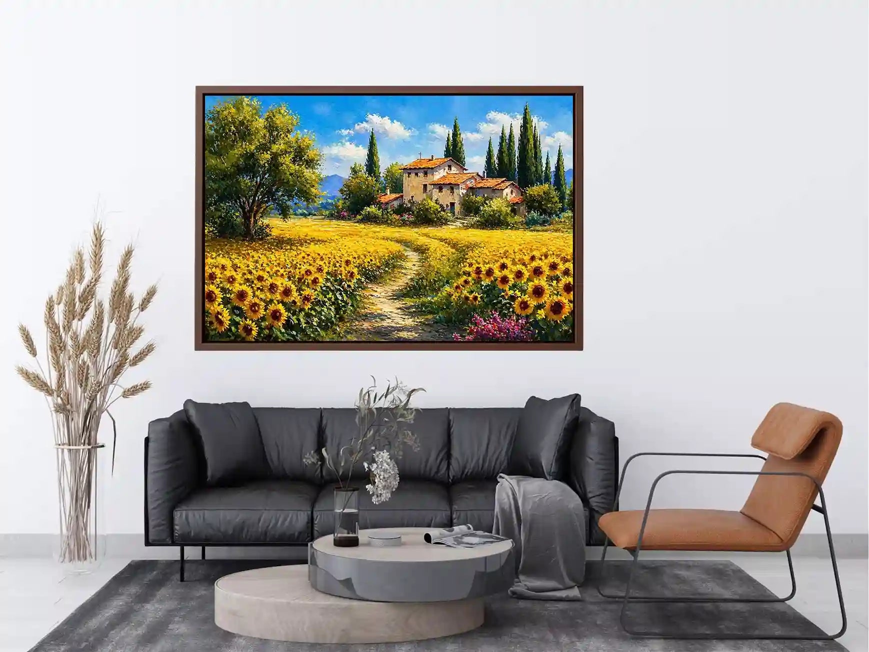 sunflower field villa painting, tuscan landscape Canvas Print, mediterranean countryside canvas, yellow flower field artwork