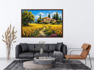 sunflower field villa painting, tuscan landscape Canvas Print, mediterranean countryside canvas, yellow flower field artwork