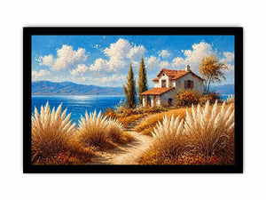 coastal cottage painting ocean view, mediterranean seaside Canvas Print, neutral coastal landscape canvas, beach house aesthetic artwork