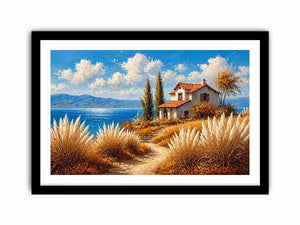 coastal cottage painting ocean view, mediterranean seaside Canvas Print, neutral coastal landscape canvas, beach house aesthetic artwork