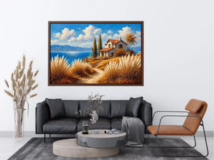 coastal cottage painting ocean view, mediterranean seaside Canvas Print, neutral coastal landscape canvas, beach house aesthetic artwork