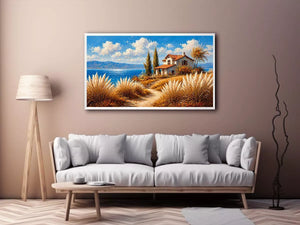 coastal cottage painting ocean view, mediterranean seaside Canvas Print, neutral coastal landscape canvas, beach house aesthetic artwork