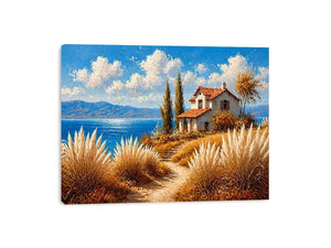 coastal cottage painting ocean view, mediterranean seaside Canvas Print, neutral coastal landscape canvas, beach house aesthetic artwork