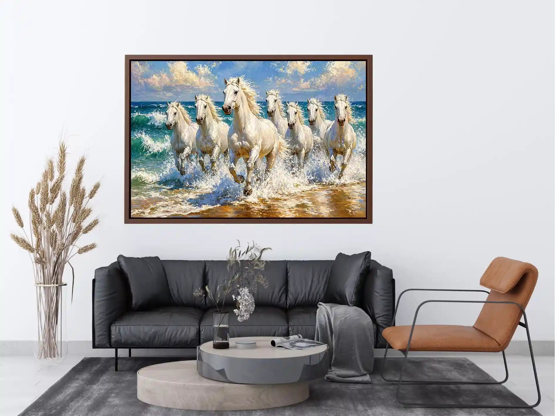 white horses beach painting, horses running ocean waves art, coastal horse Canvas Print canvas, seascape horse painting modern