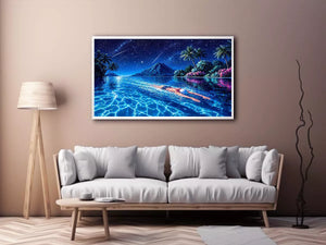 night swimming ocean painting, tropical island starry sky Canvas Print, surreal swimmer ocean canvas, dreamy coastal night artwork