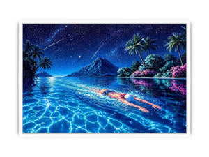 night swimming ocean painting, tropical island starry sky Canvas Print, surreal swimmer ocean canvas, dreamy coastal night artwork