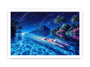 night swimming ocean painting, tropical island starry sky Canvas Print, surreal swimmer ocean canvas, dreamy coastal night artwork