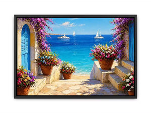 mediterranean terrace sea painting, coastal balcony flowers Canvas Print, ocean view canvas mediterranean style, seaside villa artwork