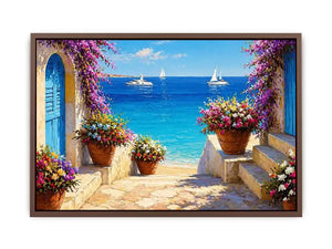 mediterranean terrace sea painting, coastal balcony flowers Canvas Print, ocean view canvas mediterranean style, seaside villa artwork