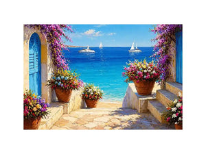 mediterranean terrace sea painting, coastal balcony flowers Canvas Print, ocean view canvas mediterranean style, seaside villa artwork