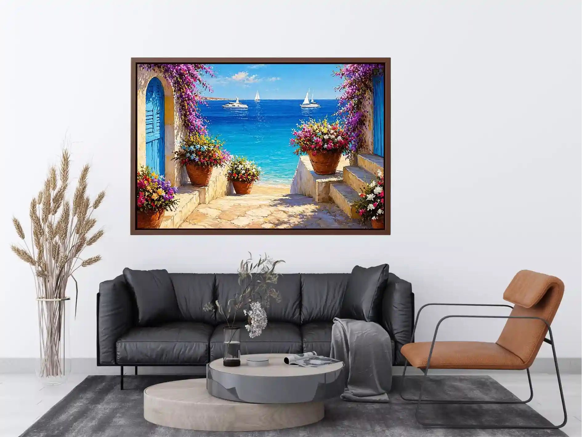 mediterranean terrace sea painting, coastal balcony flowers Canvas Print, ocean view canvas mediterranean style, seaside villa artwork