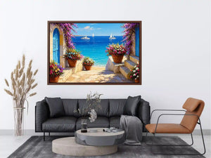 mediterranean terrace sea painting, coastal balcony flowers Canvas Print, ocean view canvas mediterranean style, seaside villa artwork