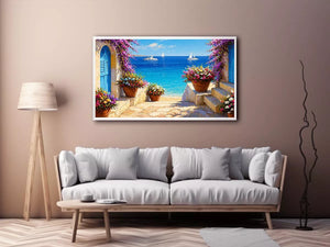 mediterranean terrace sea painting, coastal balcony flowers Canvas Print, ocean view canvas mediterranean style, seaside villa artwork