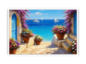 mediterranean terrace sea painting, coastal balcony flowers Canvas Print, ocean view canvas mediterranean style, seaside villa artwork