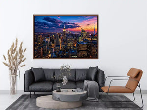 city skyline sunset Canvas Print, urban skyline twilight canvas, modern cityscape evening artwork, skyline lights wall decor