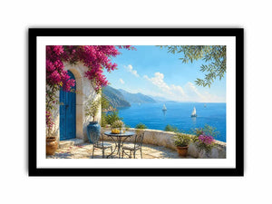 mediterranean coastal terrace Canvas Print with blue sea sailboats flowers and white architecture luxury Canvas Print