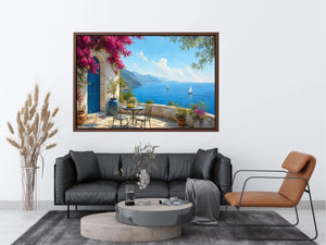 mediterranean coastal terrace Canvas Print with blue sea sailboats flowers and white architecture luxury Canvas Print