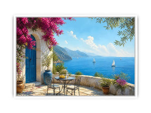 mediterranean coastal terrace Canvas Print with blue sea sailboats flowers and white architecture luxury Canvas Print