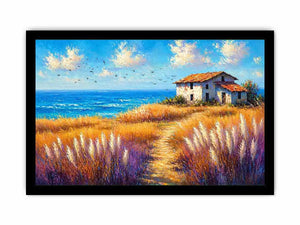 coastal cottage landscape painting ocean field vibrant Canvas Print canvas modern impressionist