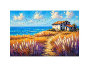 coastal cottage landscape painting ocean field vibrant Canvas Print canvas modern impressionist