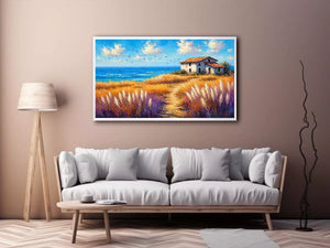 coastal cottage landscape painting ocean field vibrant Canvas Print canvas modern impressionist
