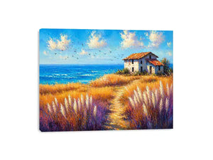 coastal cottage landscape painting ocean field vibrant Canvas Print canvas modern impressionist