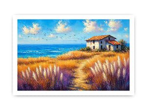 coastal cottage landscape painting ocean field vibrant Canvas Print canvas modern impressionist