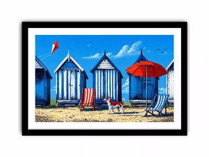 coastal beach huts illustration blue cabins seaside Canvas Print canvas